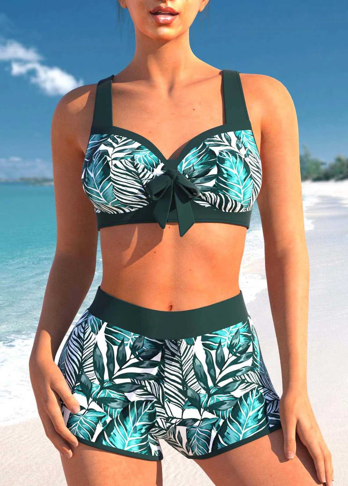 Damskie stroje kąpielowe Summer Sexy Women Bikini Zestaw Modny basen Swimsuit Retro Leaf Print Camisole Swimsuit S-5xl T240328