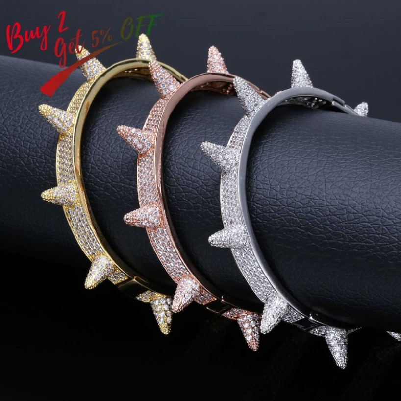 TOPGRILLZ Spikes Rivet Stud Mens Charm Bracelets Bangle Iced Out Gold Silver Color Hip Hop Punk Gothic Bling Jewelry 220222270M