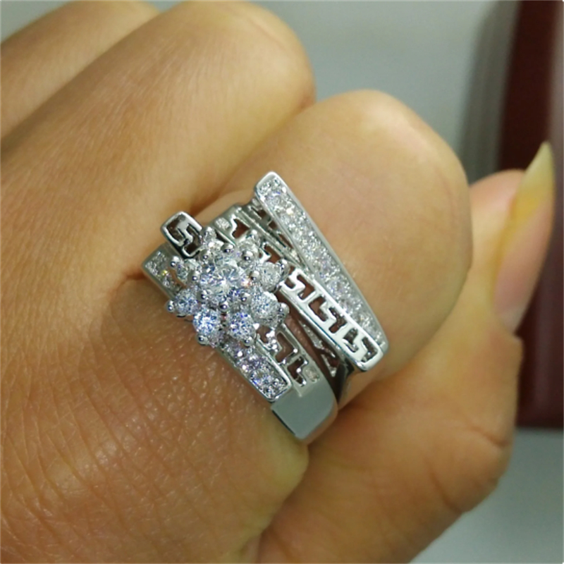Hollow Lovers Ring Set AAAAA Zircon White Gold Wedding band Rings for Women Bridal Promise Engagement Jewelry Gift