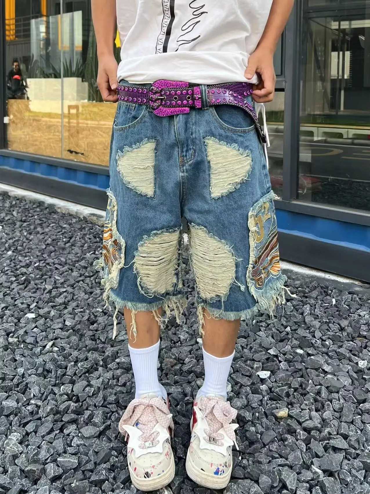 Mäns jeans broderade Tassel Street Denim Mens Street Hip-Hop Trend Brand rivna Pants European och American Fashion Retro Shorts J240328