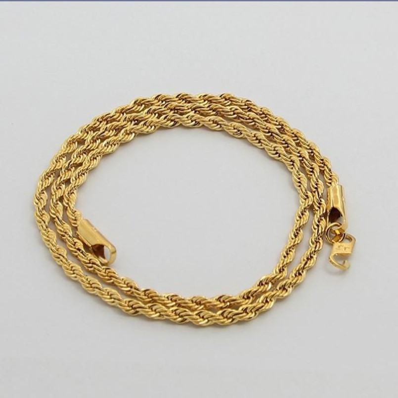 24K Pure Gold 3mm Rope Chain Halsband Hela guldfärg Halsband mode smycken Populära kedjor för män Punk Party2895