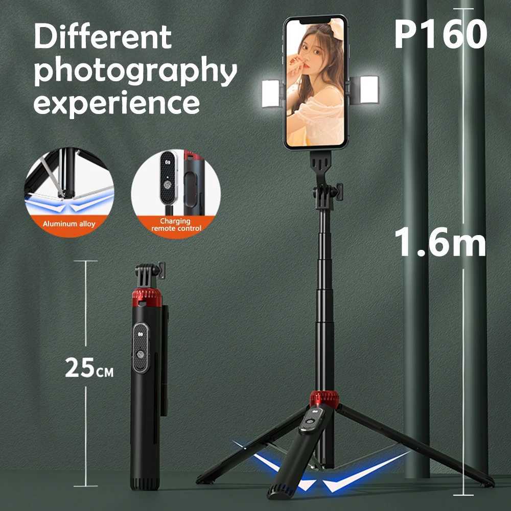 Selfie Monopods Wireless Bluetooth Selfie Stick 1.6M With Double Fill Light Foldable Tripod For iPhone Huawei Smartphone Action Cameras 24329