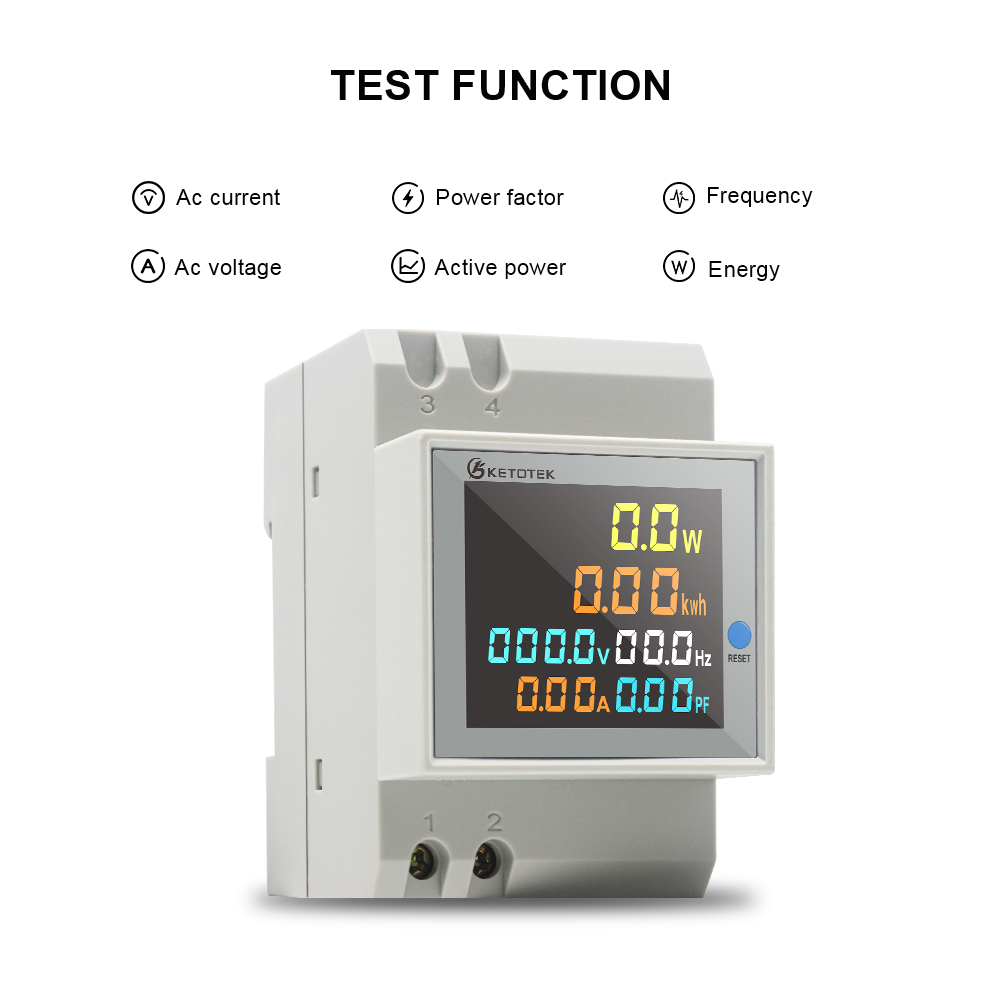 DINレール単相LCD電流計電圧計AC 80-300V 0-100.0A電圧電力時間エネルギーテスター4桁3 in 1