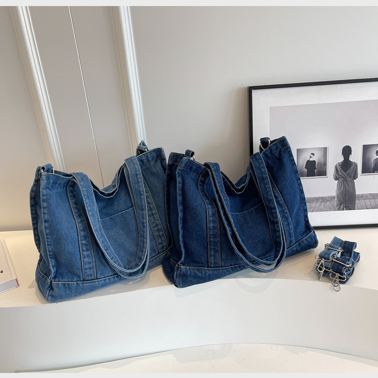 Sac à bandoulière en Denim bleu pour femmes, grande capacité, couleur unie, fourre-tout, sacs de Shopping rétro pour filles d'université, YFA2175