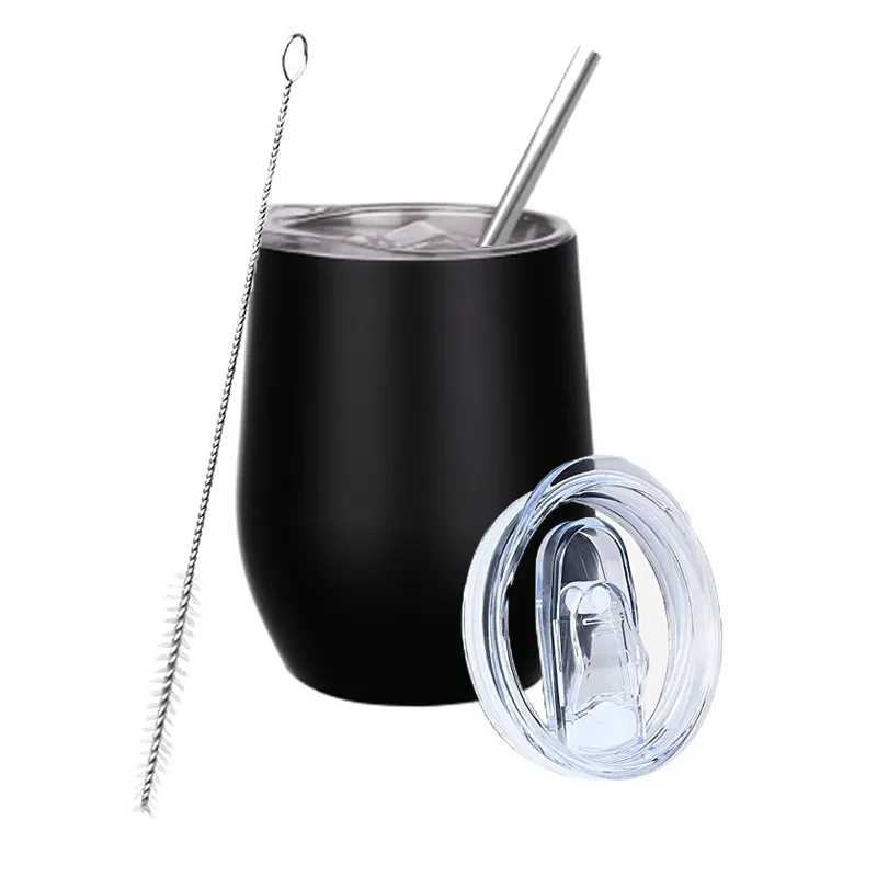 12oz Wine Tumbler With Metal Straw and Brush Stainless Steel Water Bottle Travel Coffee Mugs Egg Shaped Cup For Prarty Gift