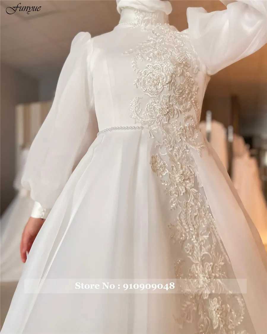 Urban Sexy Dresses Funyue A-Line Hijab Muslim Wedding Gowns for Women 2024 Bride Full Sleeves High Neck Flowers Lace Dubai Arabic Bridal yq240329