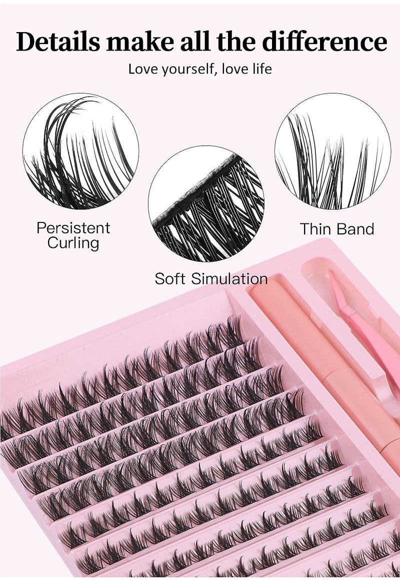 Soft Light Individual Eyelashes DIY Cluster Lashes Natural Thick Curl Crisscross Segmented Eyelash Extensions with Bond & Seal Tweezer Grafted Lashes