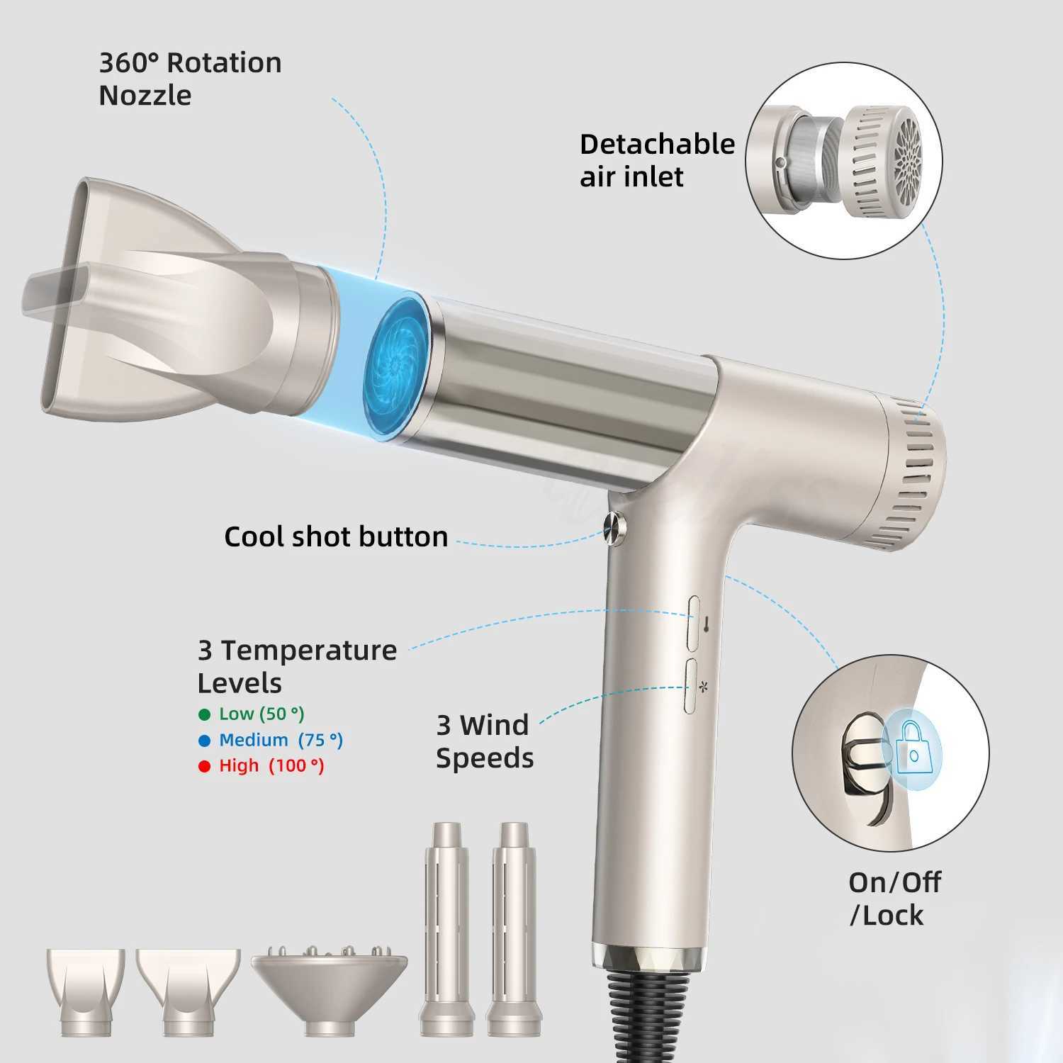 Sèche-cheveux Sèche-cheveux avec diffuseur Sèche-cheveux ionique Sèche-cheveux sans balais à grande vitesse Souffleur d'air à faible bruit 5 en 1 Baguette de curling pour coiffeur 240329