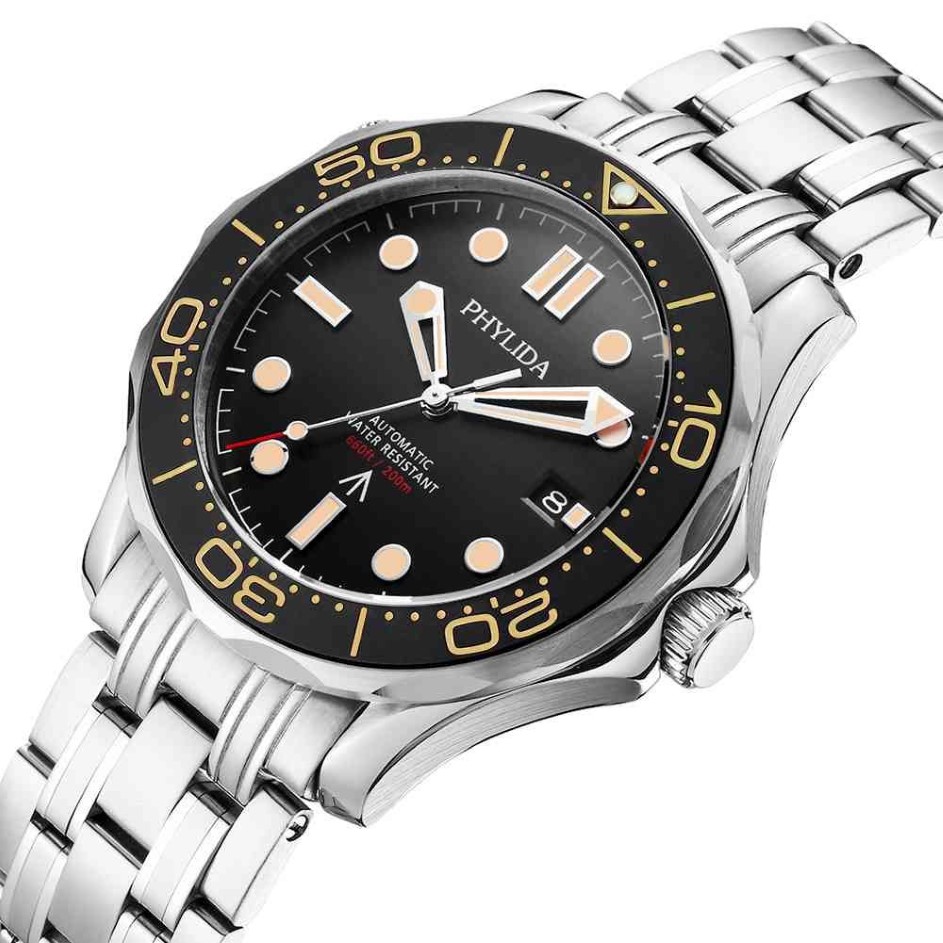 PHYLIDA Black Dial MIYOTA or PT5000 Automatic Watch DIVER NTTD Style Sapphire Crystal Solid Bracelet Waterproof 200M 210329247d