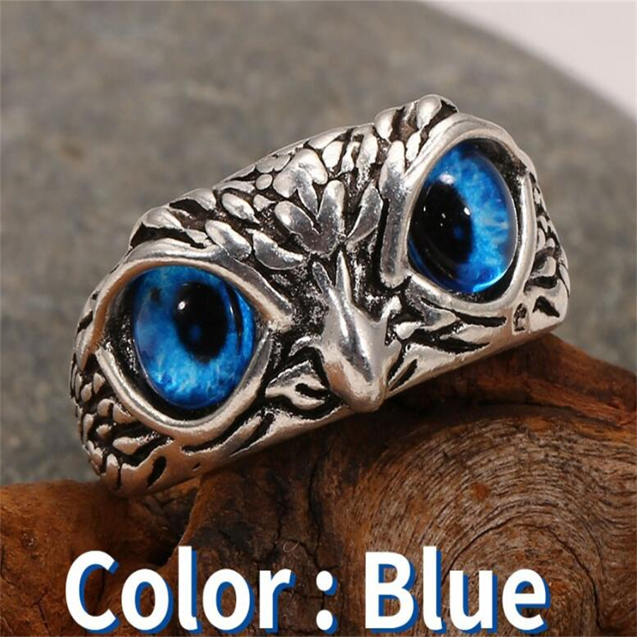 Bague hibou aux yeux bleus en alliage rétro, bijoux européens et américains réglables pour femmes AB39
