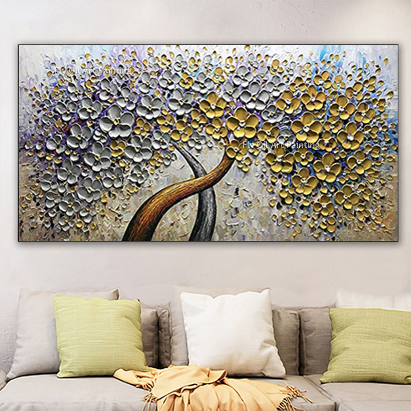 Oeuvre d'arbre texturé faite à la main, grande tour en fleurs, peinture à l'huile sur toile, art abstrait sur toile, art contemporain d'arbre, superbes peintures murales de salon