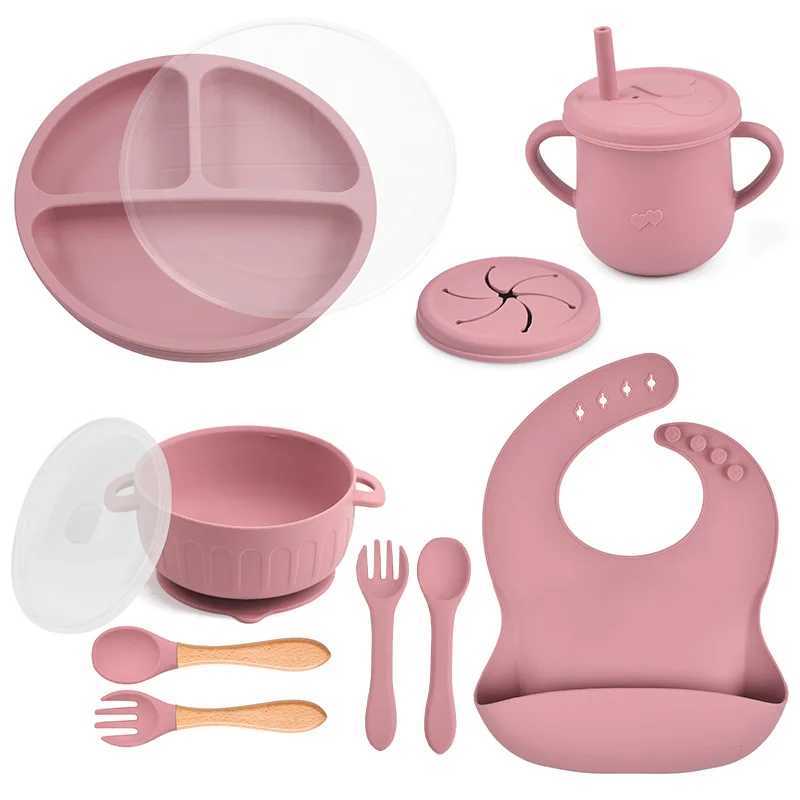 Cups Dishes Utensils Baby Childrens Tableware Waterproof Bib Feeidng Solid Color Food Plates Sucker Dishes Spoon Fork Leakproof Sippy Cup 240329