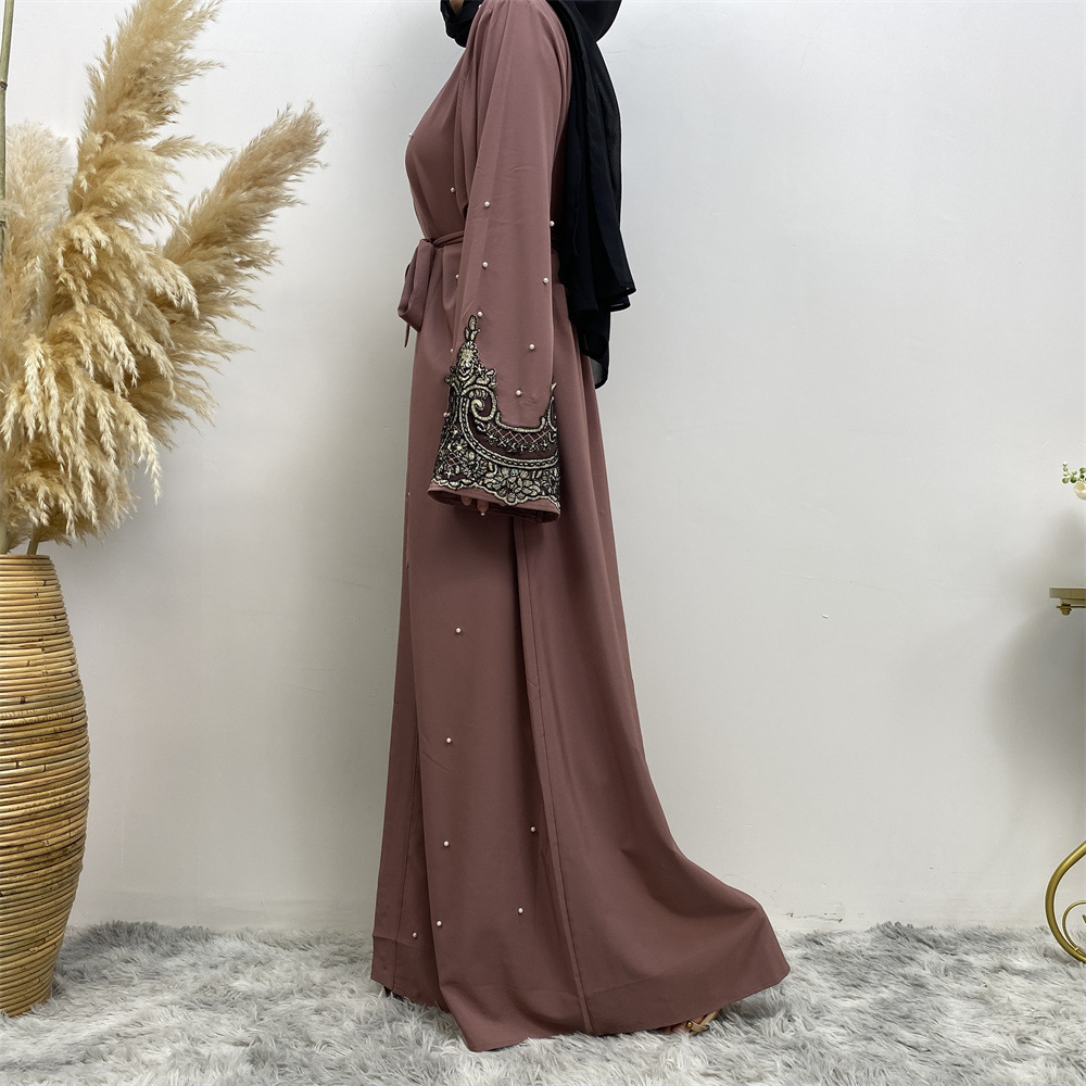 Abaya – Robe musulmane du moyen-orient, manches longues, brodée de perles, Cardigan Long arabe pour femmes