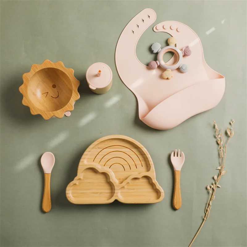 Cups Dishes Utensils Baby Bamboo Wooden Tableware Set Clouds Dinner Plate Sun Bowl With Silicone Suction Fork Spoon Cup Baby Dinnerware Feeding Gift 240329