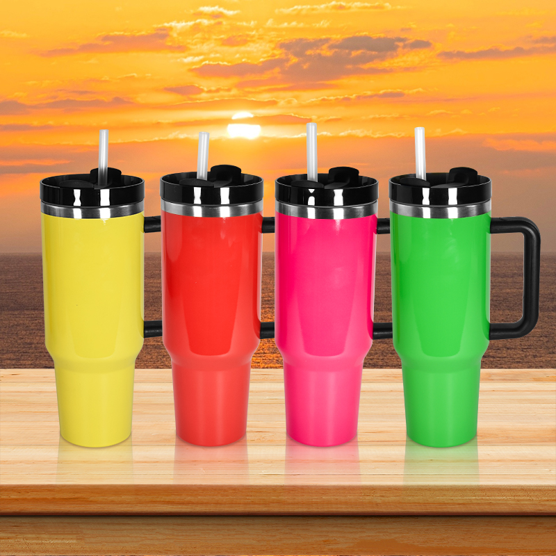40oz sublimation Neon tumbler with handle lid straw big capacity glossy water bottle outdoor camping cup stainless steel vacuum insulated travel mugs