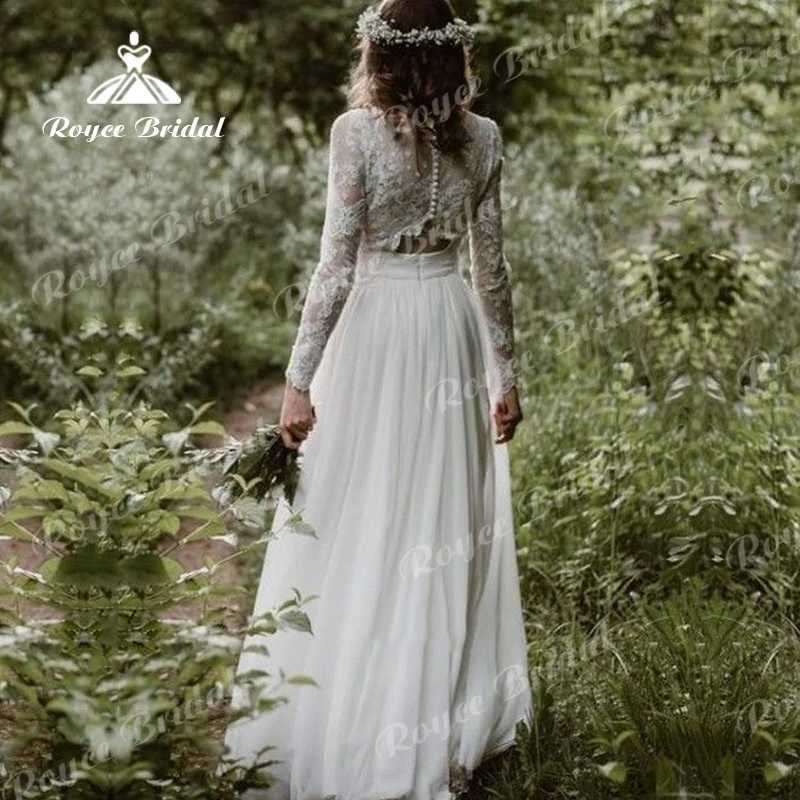 Urban Sexy Dresses Two Pieces Boho A Line Wedding Dress 2022 Chiffon Bridal Gown Full Cap Hylsa Sweep Button O-Neck Golvlängd Applicques Lace YQ240329