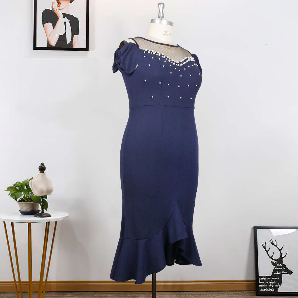 Платье в стиле пэчворк с круглым вырезом и бисером, с короткими рукавами, банкетное вечернее платье большого размера, вечернее платье 415055