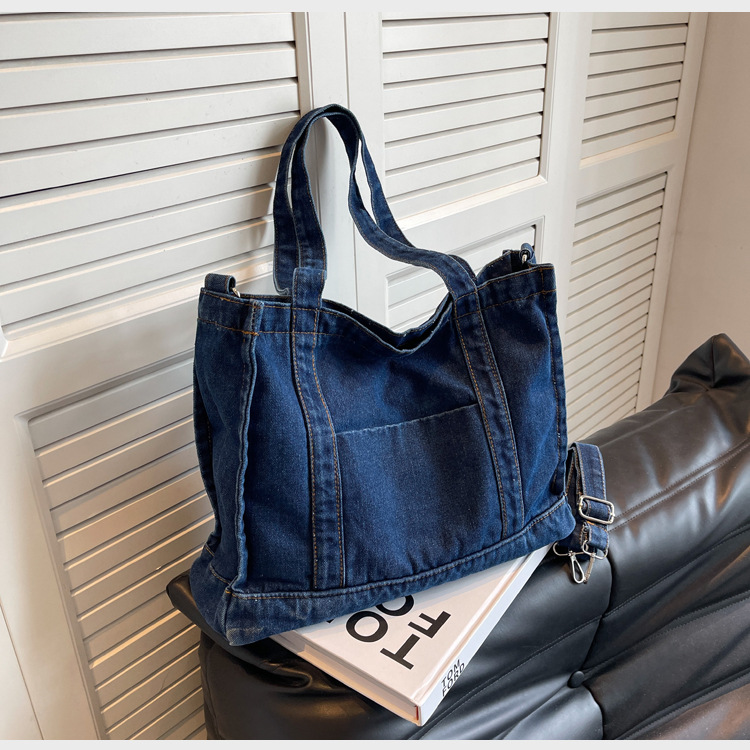 Sac à bandoulière en Denim bleu pour femmes, grande capacité, couleur unie, fourre-tout, sacs de Shopping rétro pour filles d'université, YFA2175