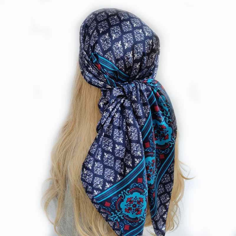 Bandanas Durag Bandanas Durag 9090cm Hair Scarf Women Fashion Designer Beautiful Flowers Foulard Soft Satin Shawl Kerchief Square Silk Scarfs Neck Headscarf Y2403