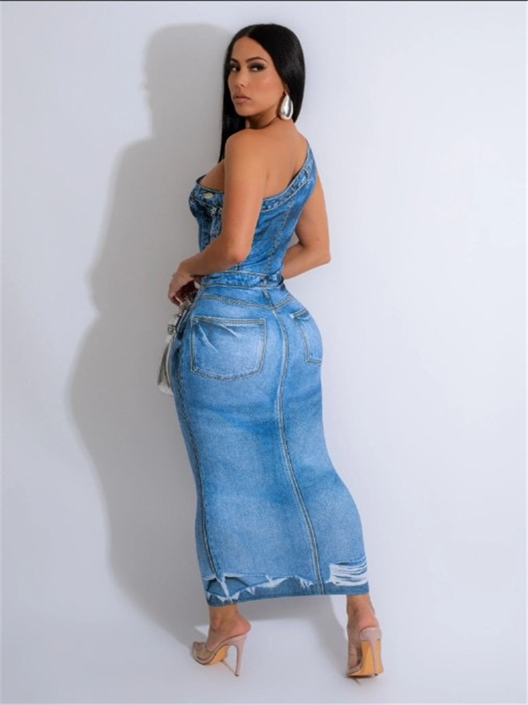 2024 Designer Maxikleider Damen Sommer One Shoulder Figurbetontes Kleid Sexy Denim Druckkleid Party Street Wear Bulk Großhandel Kleidung 10880