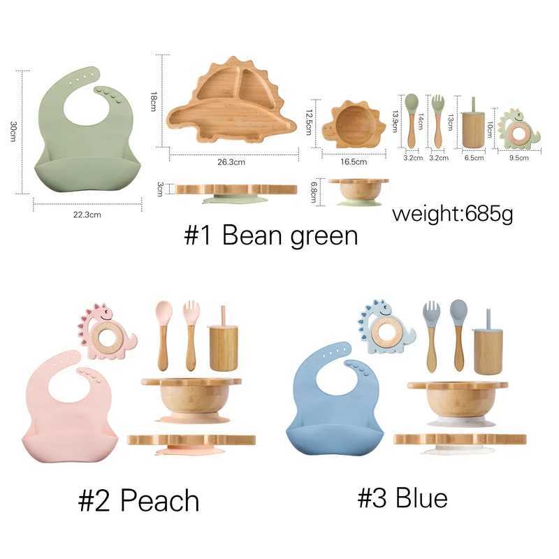 Cups Dishes Utensils Baby Wooden Tableware Feeding Set Bamboo Dinosaur Plate Bowl Silicone Wooden Handle Frok Spoon Baby Dinnerware Feeding Supplies 240329