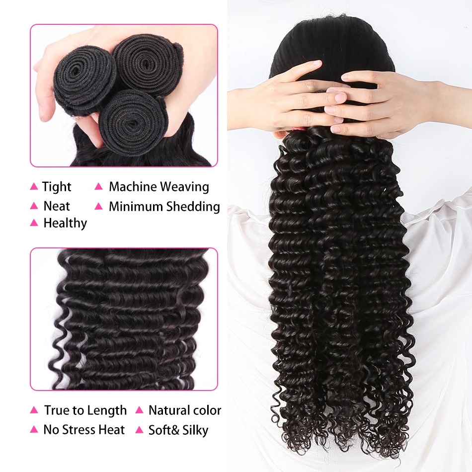 Mèches brésiliennes naturelles bouclées et amples, Deep Wave, 30 ou 34 pouces, Extensions de cheveux bruts, Double trame, vente en gros, de 3 ou 4