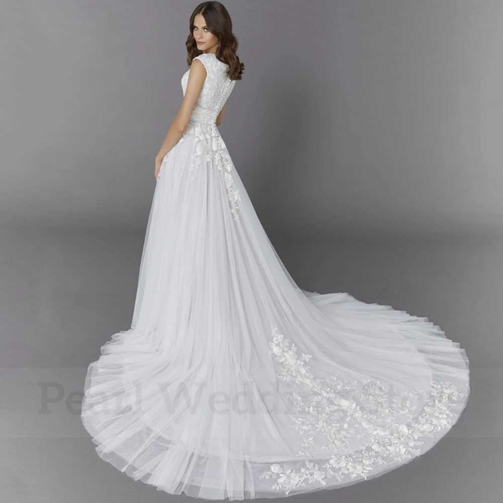 Robes sexy urbaines Vintage encolure dégagée manches courtes robe de mariée classique applique a-ligne tulle longueur de plancher de mariée avec balayage train robes de mariage yq240329