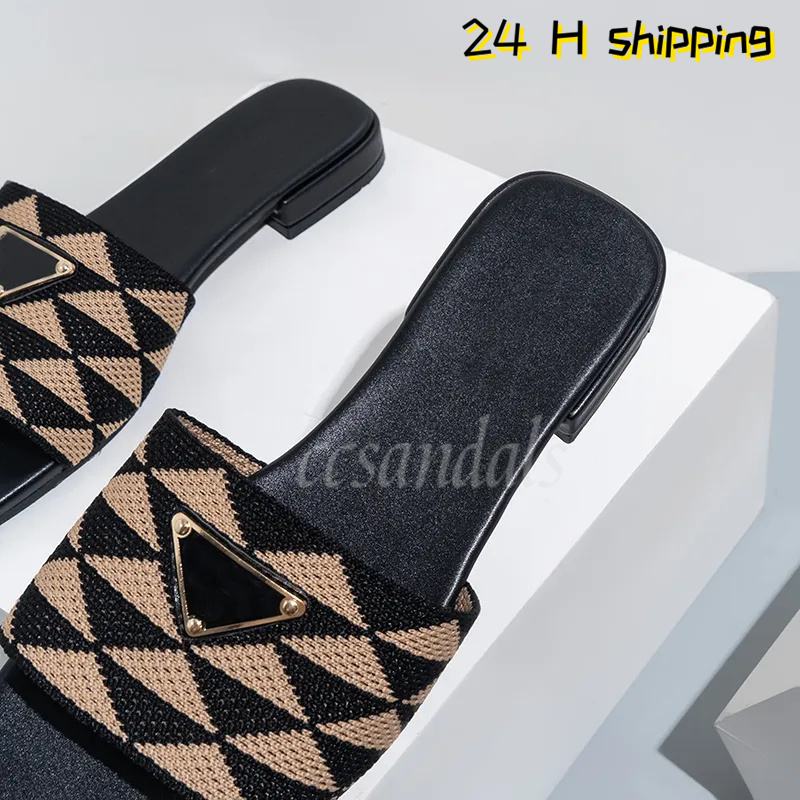 Lady Triangle Fabric Slippers Prad Embroider Sandal Luxury Casual Shoe For Mens Women Designer Slide Loafer Pool Fashion Sandale Outdoor Sliders Flops