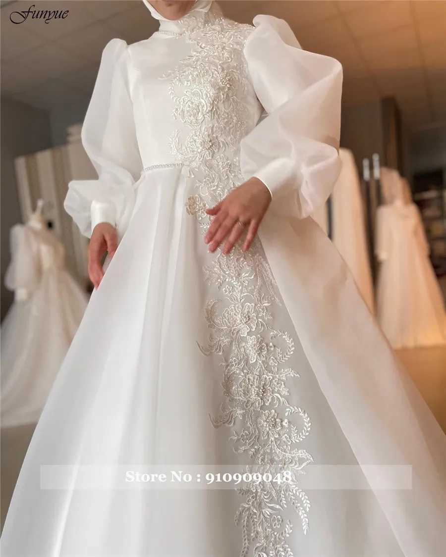 Urban Sexy Dresses Funyue A-Line Hijab Muslim Wedding Gowns for Women 2024 Bride Full Sleeves High Neck Flowers Lace Dubai Arabic Bridal yq240329