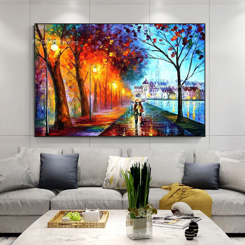 Coppia romantica che cammina sotto la pioggia Pittura a olio Dipinto a mano Decorazione moderna della parete della casa Parigi Strada Pioggia Scena Pittura su tela Paesaggio Wall Art l'arredamento della camera