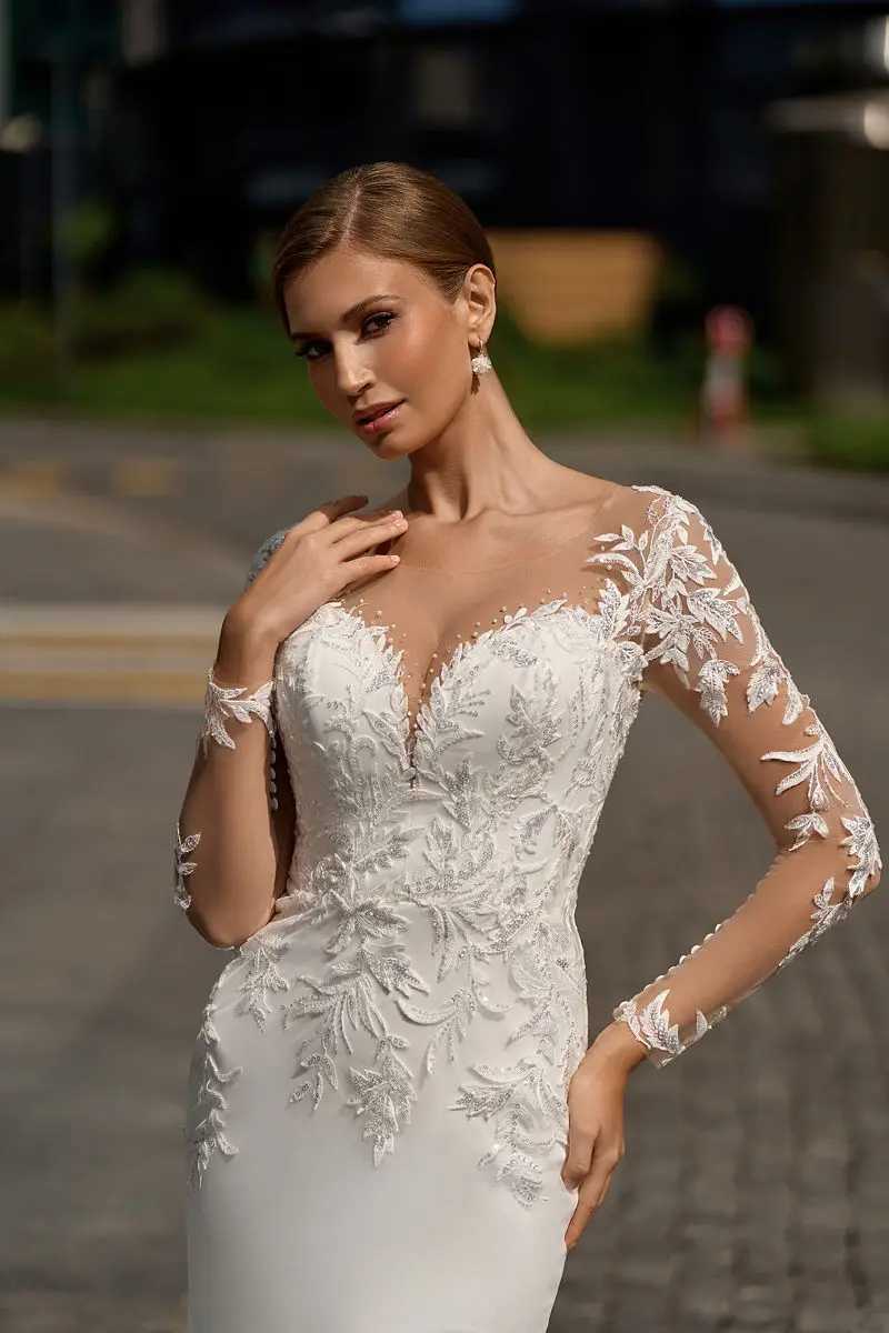 Urban Sexy Dresses Long Sleeve Mermaid Wedding Dress Beach V-Neck Lace Appliques Sweep Train Button Bridal Gowns Customize To Measures Civil yq240329