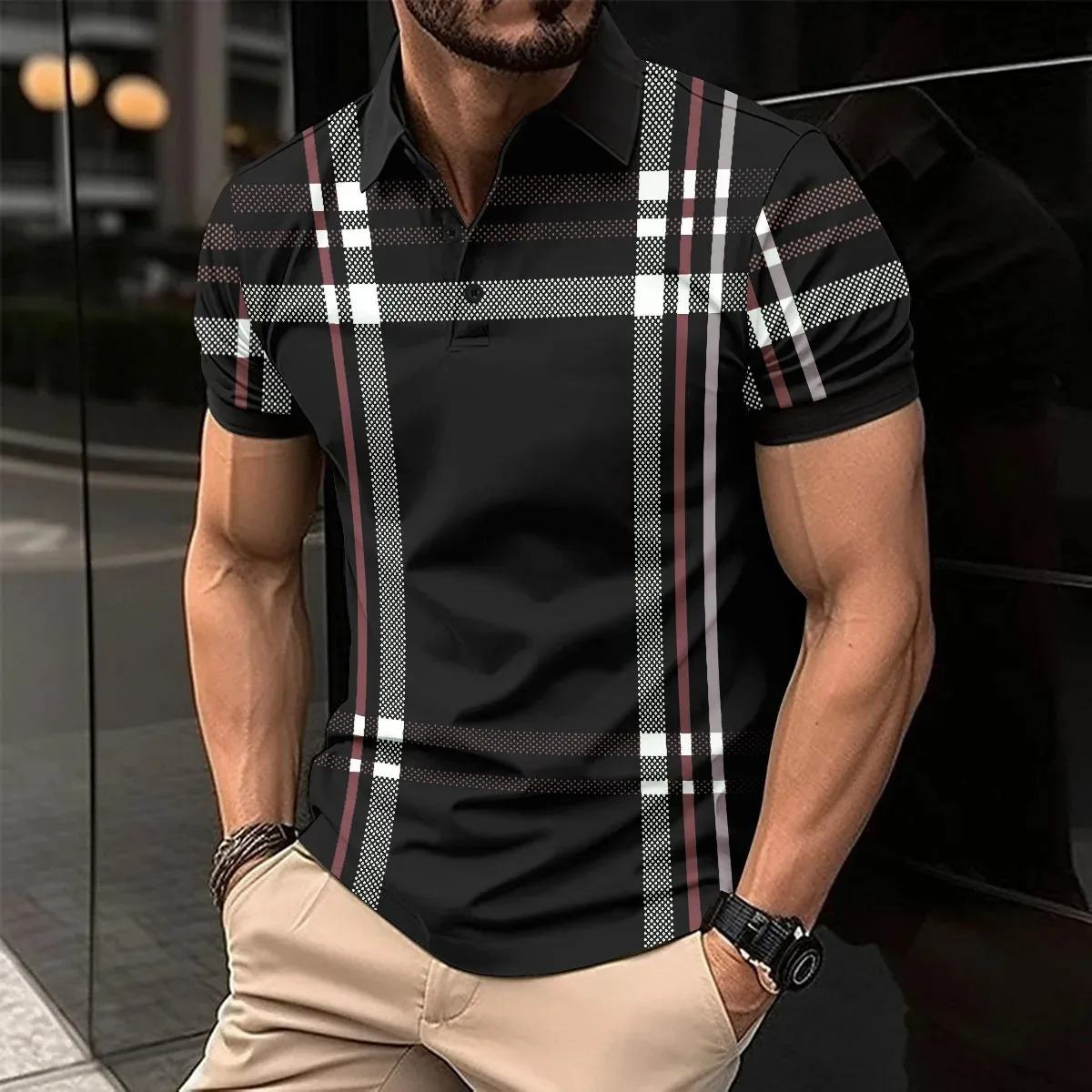 Business Mens Polo Shirt Casual Summer Short Sleeves Tops Plaid Pattern Print Button T Shirt Loose Clothes Fashion Golf Shirts 240320