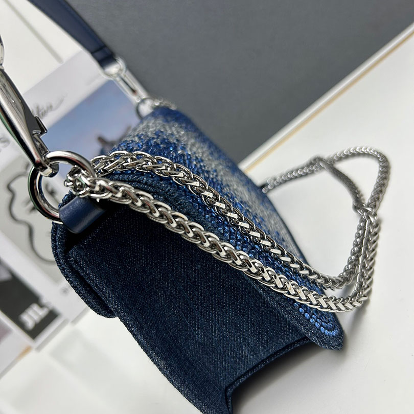 Borsa di design Borsa a tracolla Borsa Mini Loco Tessuto denim con strass Borsa a tracolla da donna Borsa a tracolla con catena Borsa da donna con patta