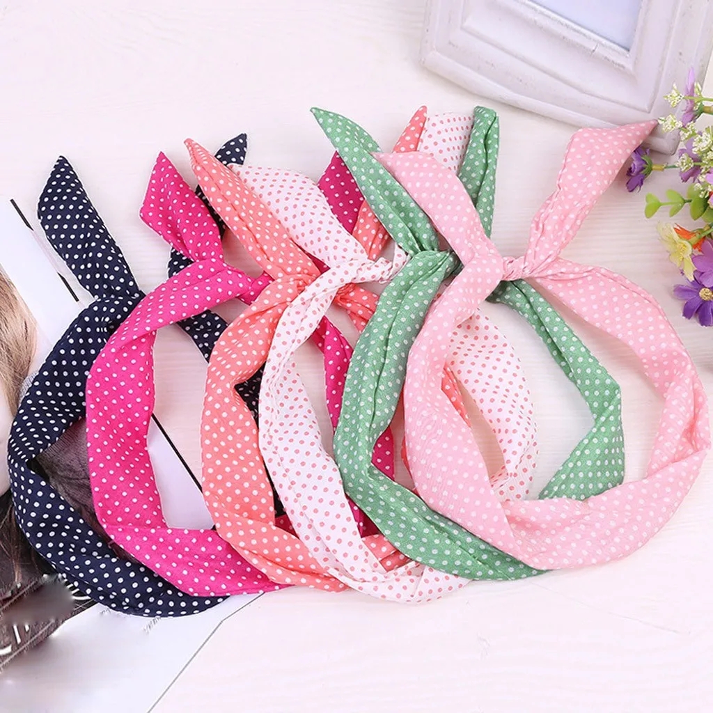 1 st söt Polka Dot Bow Rabbit Bunny Ear Headbands Womens Hair Band med Metal Wire Scarf Cross Bow Hair Accessories