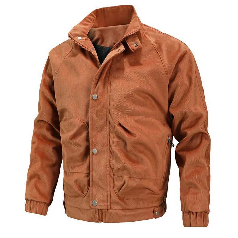 Chaqueta de algodón informal de Color sólido con cuello alto ajustada para hombre nueva de piel sintética de cuero para hombre para otoño e invierno 240330