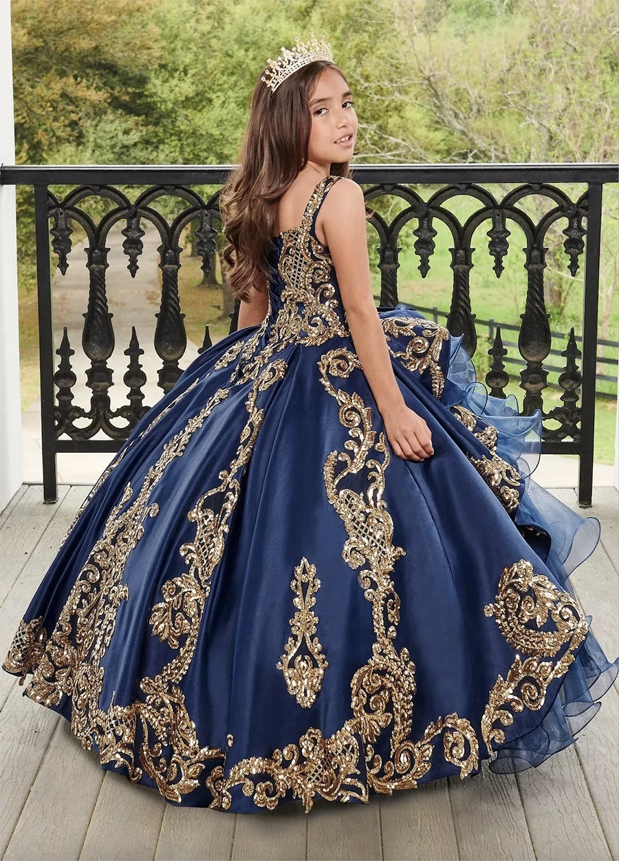 Dark Blue Little Girl's Pageant Dresses With Gold Lace Appliced ​​Puffy Tiersed Ruffles Princess Ball Gown for Wedding Birthday Kids Toddder Formal Party Dress