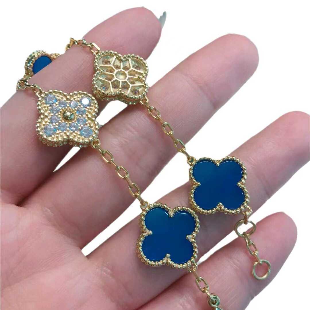 Designer Version High Van Four Leaf Grass Five Flower Bracelet Womens Blue Jade Medal V Gold Placing épaissis 18k Rose Diamond Bijoux avec logo