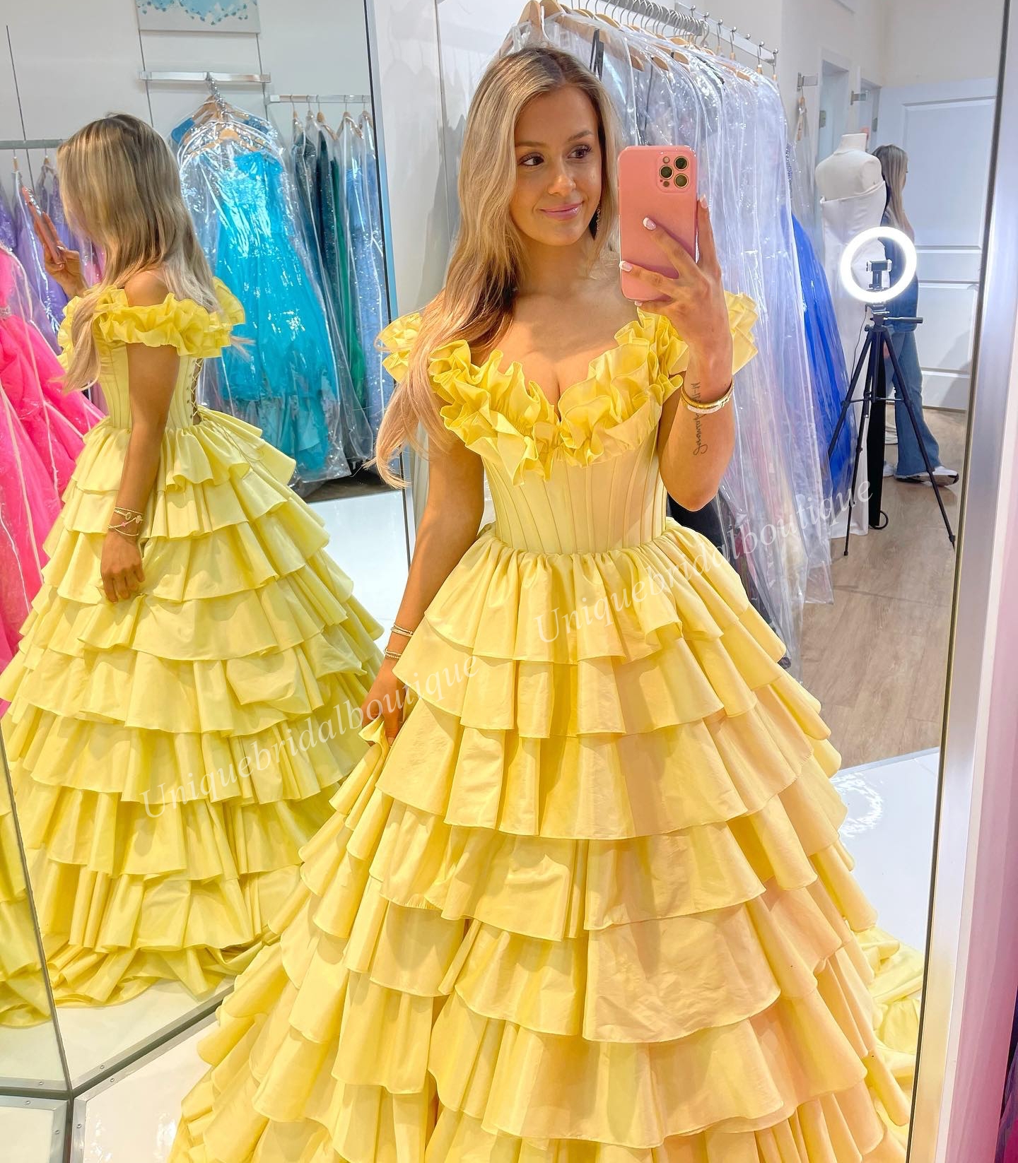 Ruffle Taffeta Prom Dress Fuchsia Yellow Off-Shoulder Lady Preteen Pageant Gown Formal Evening Cocktail Party Wedding Guest Red Capet Runway Gala Black-Tie High Slit