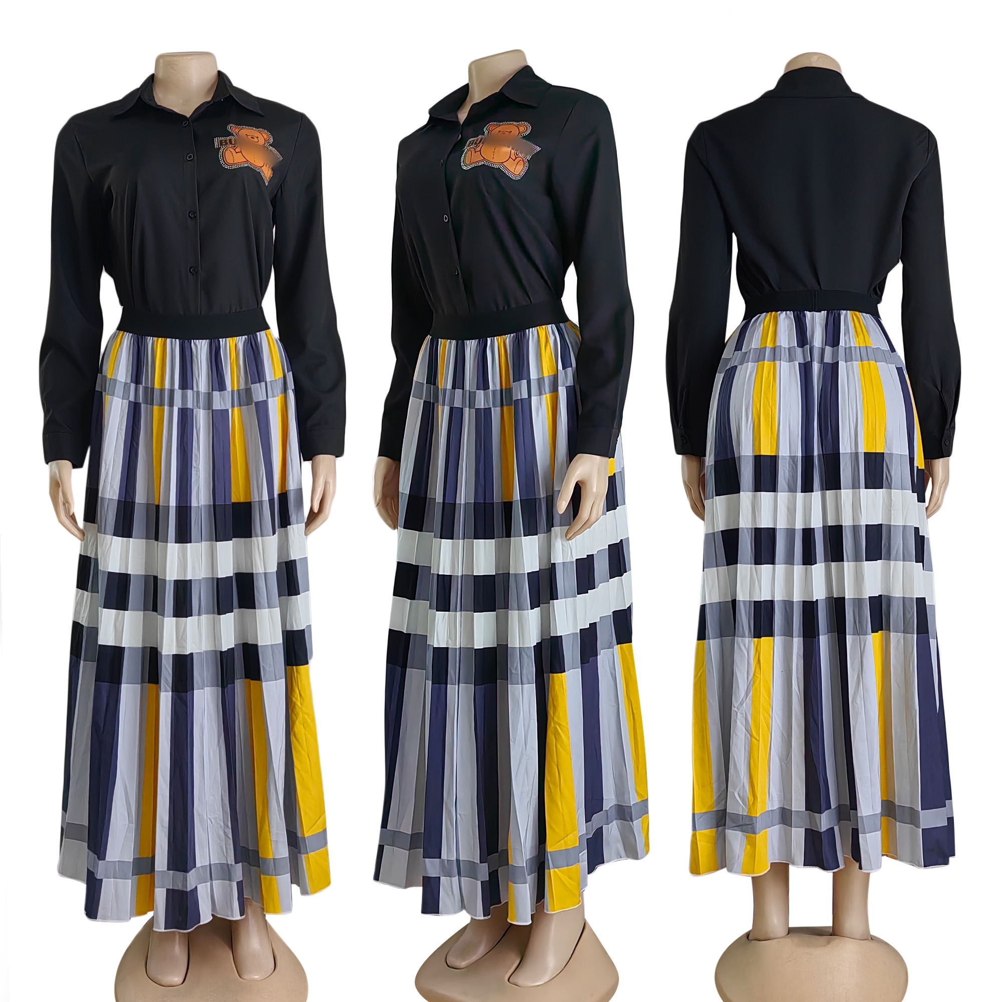 Robe plissée de styliste en deux pièces pour femmes, ensemble chemise décontractée à col à revers et jupe longue, livraison gratuite