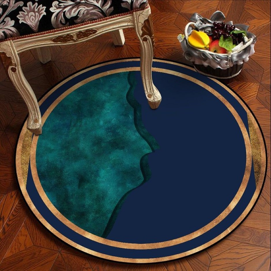 Tapetes área tapete para sala de estar moderno azul escuro verde ouro padrão luxo redondo poliéster tapetes quarto decor298l