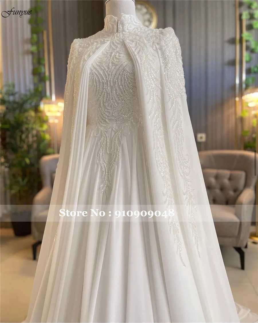 Funyue luxe manches longues robe de mariée musulmane 2024 mariée en mousseline de soie avec perles a-ligne robes de mariée avec Cape Robe De Marie yq240329