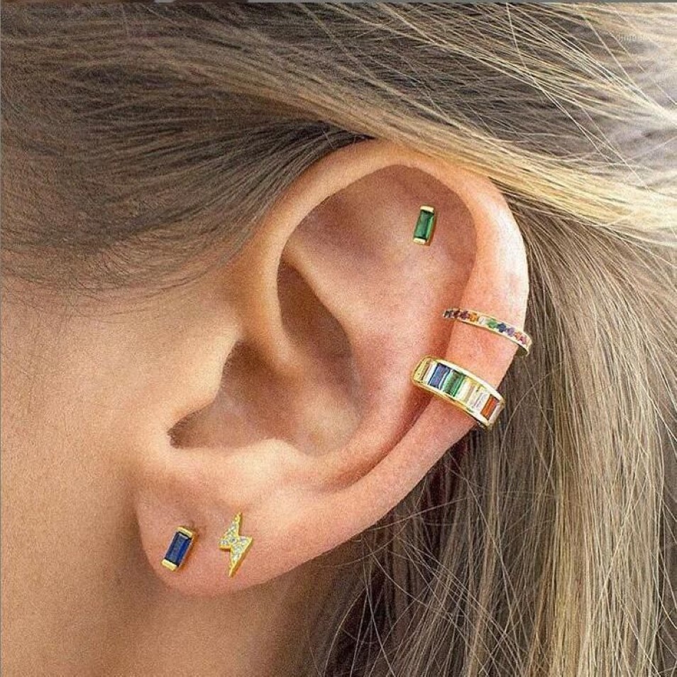 Stud 925 Sterling Silver Jewelry Earring Whole Minimal Simple Rainbow Colorful Cz Design Mini Baguette Stack Earrings1244D