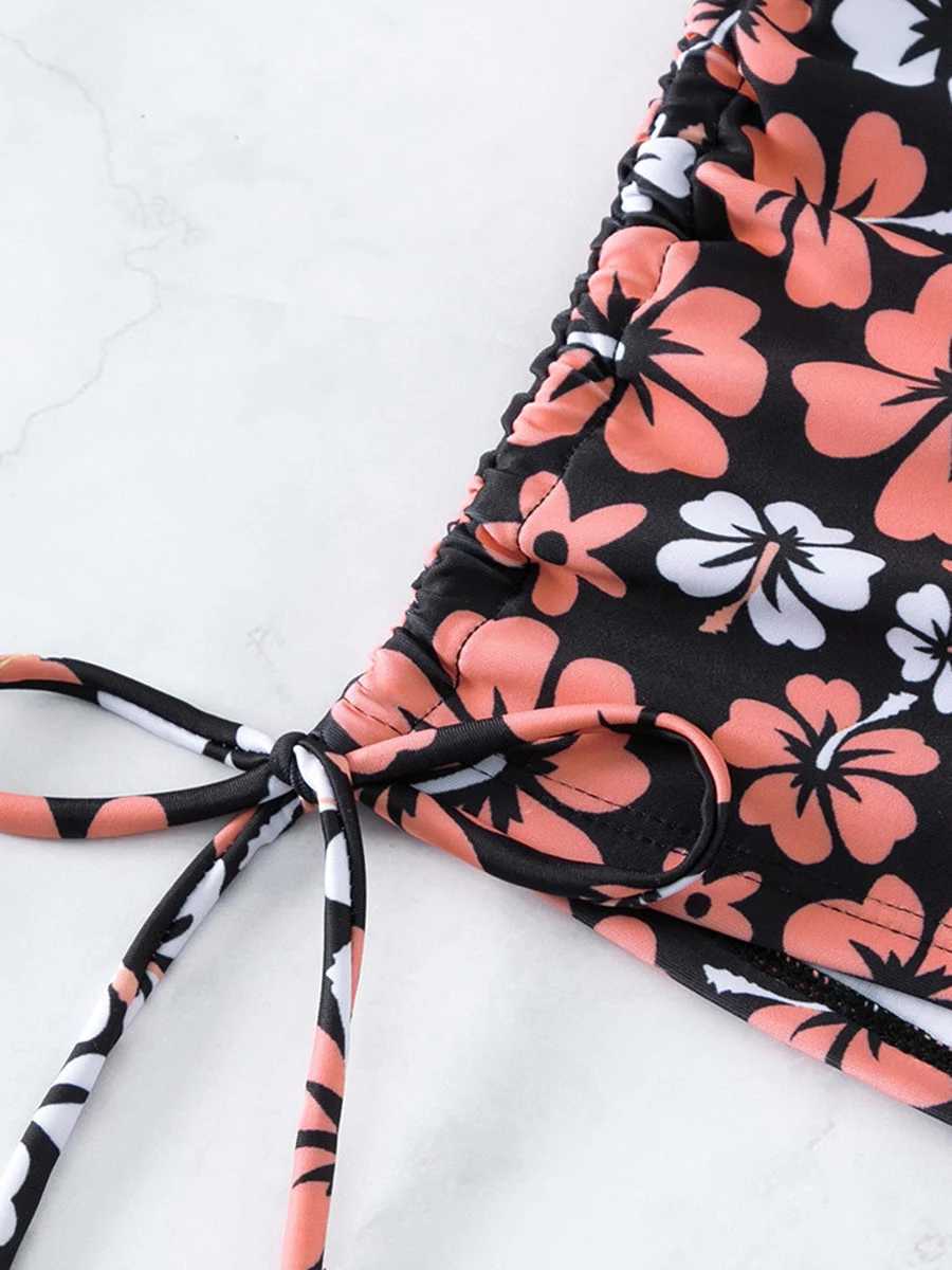 Women's Swimwear 2023 High Waist Bikinis Women Neck Swimsuit Floral Swimwear Female Drawstring Shorts Bathers Bathing Swimming Suit Beachwear T240328