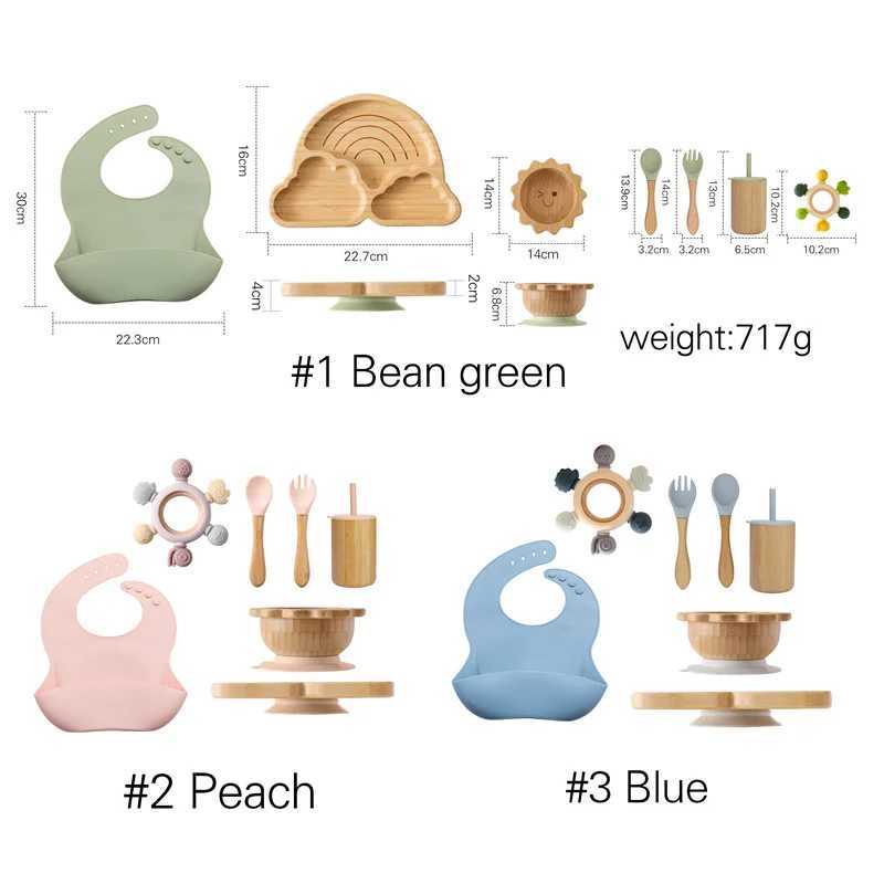 Cups Dishes Utensils Baby Bamboo Wooden Tableware Set Clouds Dinner Plate Sun Bowl With Silicone Suction Fork Spoon Cup Baby Dinnerware Feeding Gift 240329