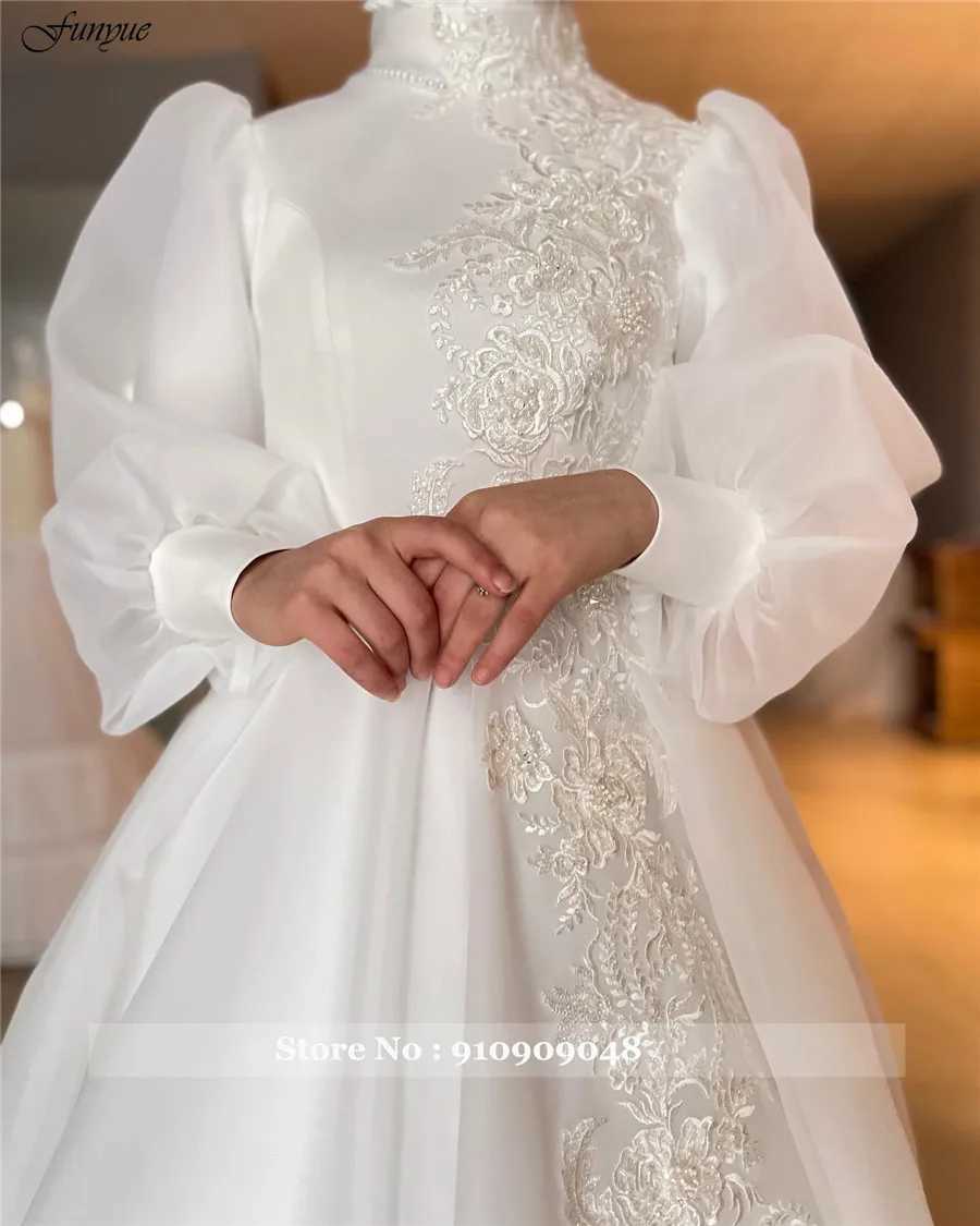 Urban Sexy Dresses Funyue A-Line Hijab Muslim Wedding Gowns for Women 2024 Bride Full Sleeves High Neck Flowers Lace Dubai Arabic Bridal yq240329