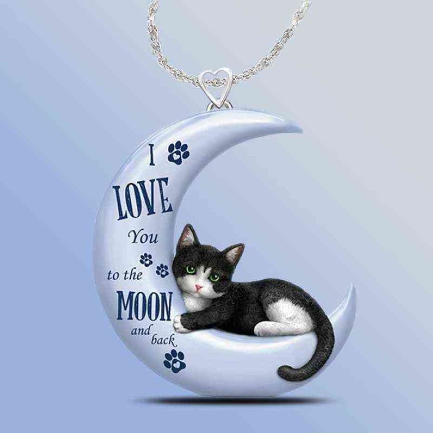 Exquisite Blue Moon Cat Pendant Necklace for Women Cute Crescent Pendant Necklace Wedding Engagement Jewelry Gift for Daughter G12223D