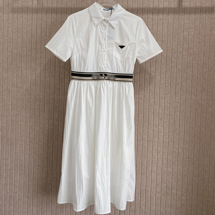 Designer Shirt Dress Summer White Elegant Short Sleeve Long with Pockets Letters Webbing Waist Head Triangle Label Decoration