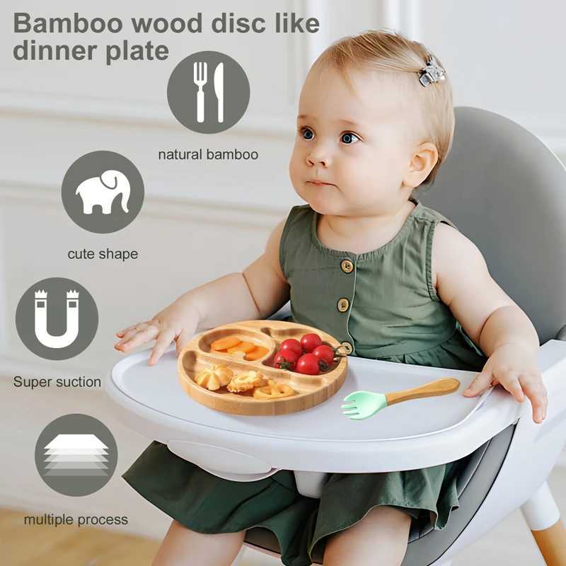 Tasses Plats Ustensiles 3 pièces en bois bébé alimentation vaisselle bambou enfants bol d'alimentation avec ventouse diviseur nourriture enfants cadeaux de croissance sans BPA 240329