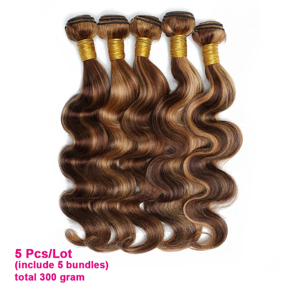 Body Wave Hoogtepunt P4/27 Menselijk Haar Bundels 60Gram 10 Tot 22 Inch Pre-gekleurde Bruin Blond Peruaanse haar Extensions 1/3/5/7 Stuks