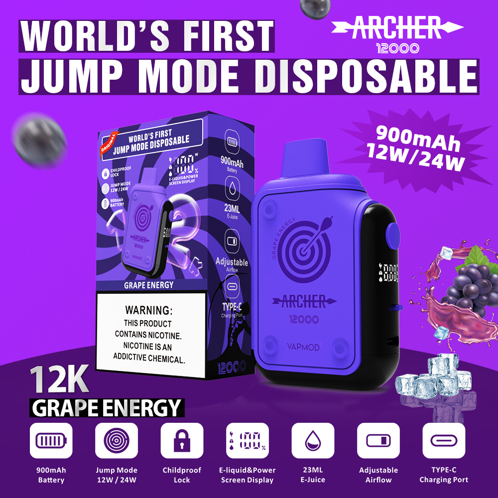 Archer 12000 Puff 12k Puff 23ml Préchargé 900mAh Vape Disposable Rechargeable Pen 0% 2% 3% 5% Affichage de cigarette électronique jetable Intelligent